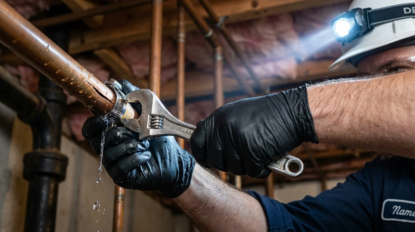 Emergency pipe clamp repair being performed by a Johns Plumbing LLC plumber in Pittsboro