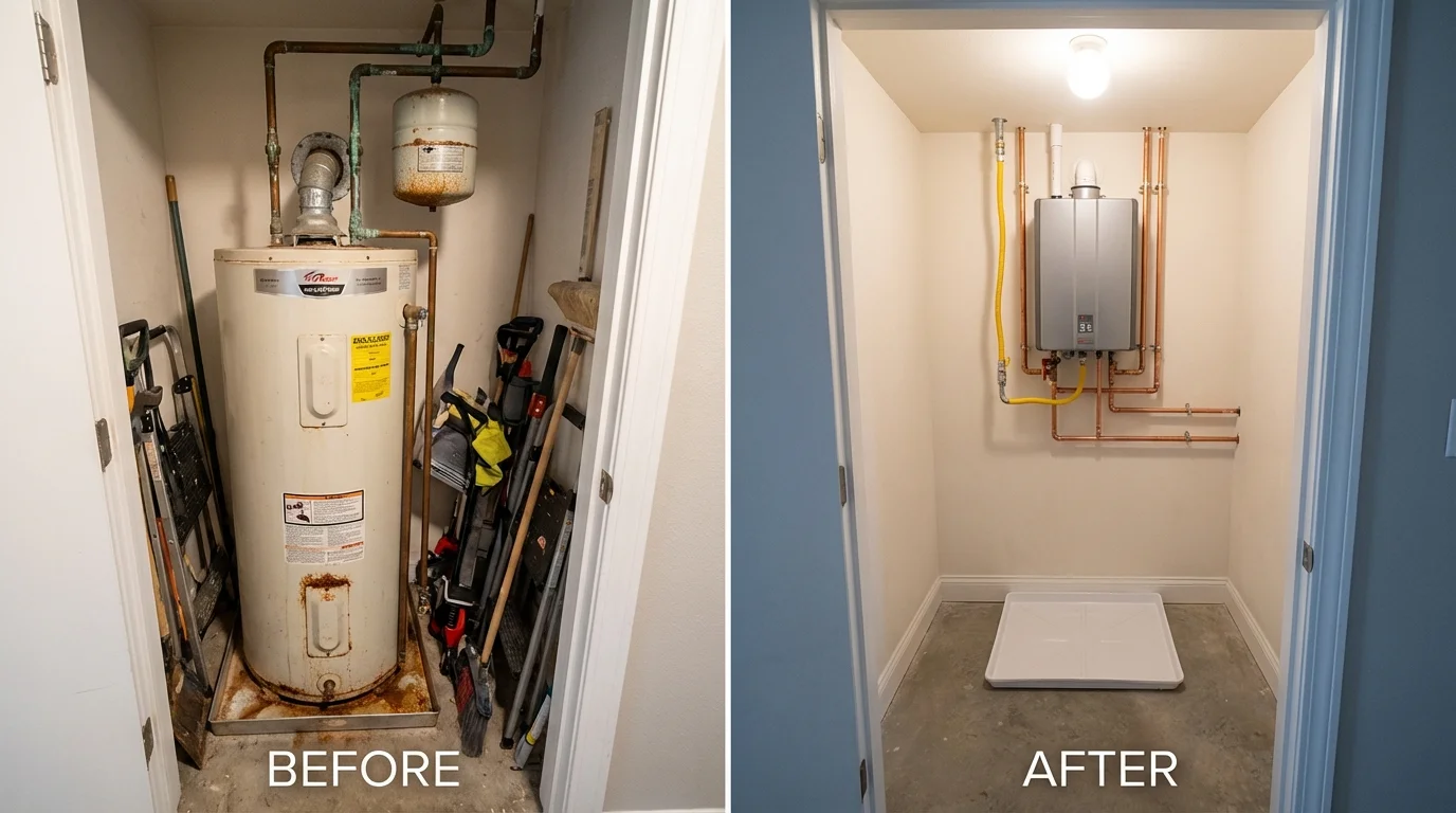Tank water heater versus wall-mounted tankless unit comparison for Pittsboro, IN homeowners