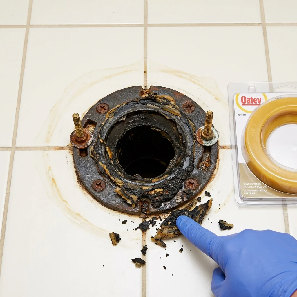 Failed wax ring showing water seepage at the base of a toilet in a Pittsboro, IN home