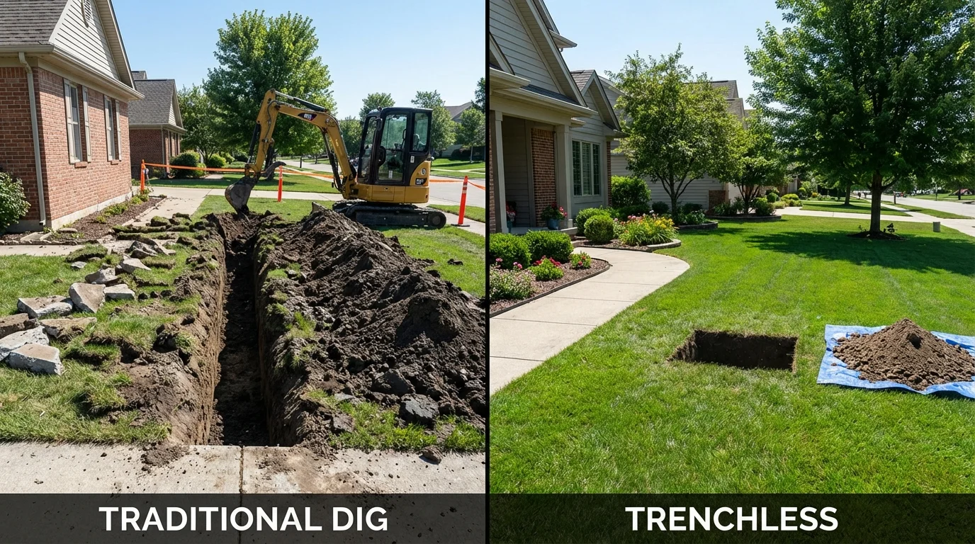 Trenchless sewer repair with minimal yard damage versus traditional excavation in Pittsboro, IN