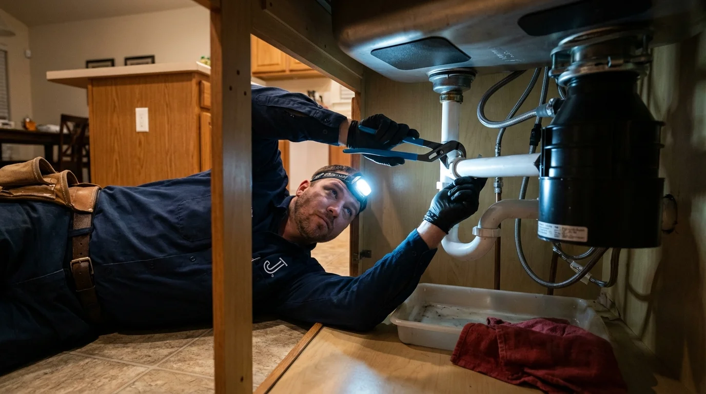 P-trap and supply line connections under a kitchen sink showing a common leak point in Pittsboro, IN